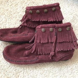 Burgundy suede Minnetonka moccasin booties